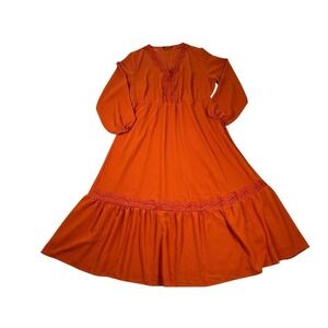 Bloomchic Dress Women 12 Orange Tiered Maxi Long Sleeve Crochet Trim V-neck Boho